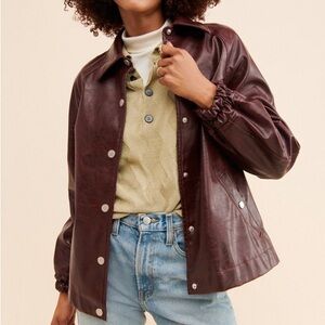Oversize Faux Leather Baseball Jacket in burgundy